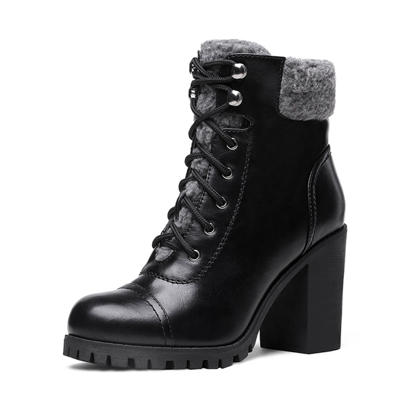 Chunky Heel Warm Ankle Boots - BLACK PU -  0